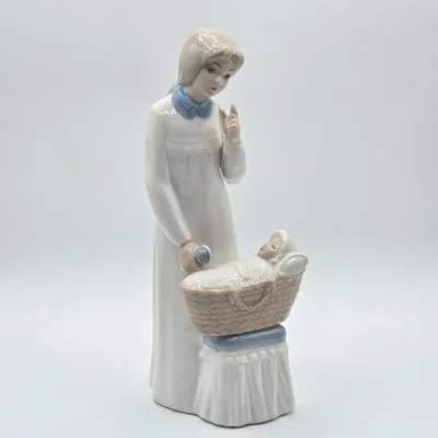 LOT 20L: Tengra Vintage Hand-made Spanish Porcelain Figurine of a Young Mother Standing Next to an Infant in a Bassinet