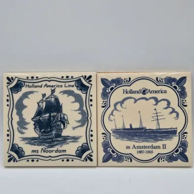 LOT 18L: Set of 8 Vintage Delft Blue Ceramic Souvenir Tile Coasters Issued by the Holland America Line