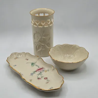 LOT 42L: Vintage Lenox Floral Garden Collection Oval Mini Tray, Greenfield Bon Bon Bowl, and Special Collection Rose Floral Pierced...