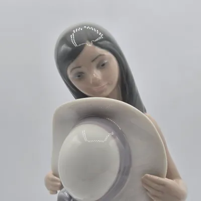 LOT 36L: Retired Lladró "Bashful Girl with Straw Hat" Porcelain Figurine