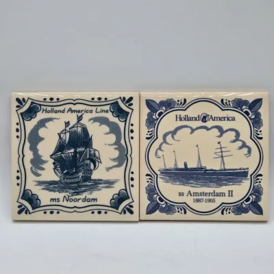 LOT 18L: Set of 8 Vintage Delft Blue Ceramic Souvenir Tile Coasters Issued by the Holland America Line