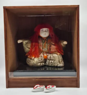 LOT 85L: Vintage Japanese Kimekomi Kabuki Doll Depicting a Renjishi (Lion Dancer) in Display Case and Miniature Pokkuri Sandals