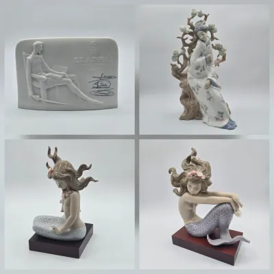 LOT 14L: DAMAGED /REPAIR Lot - Two Handcrafted Lladró Mermaid Figurines, Retired Lladró Geisha Porcelain Figurine, and Vintage 1985...