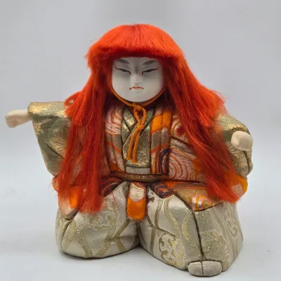 LOT 85L: Vintage Japanese Kimekomi Kabuki Doll Depicting a Renjishi (Lion Dancer) in Display Case and Miniature Pokkuri Sandals