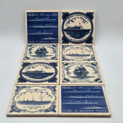 LOT 18L: Set of 8 Vintage Delft Blue Ceramic Souvenir Tile Coasters Issued by the Holland America Line