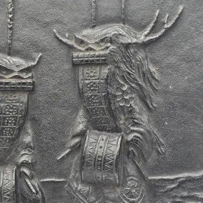 LOT 48L: Heavy Cast-iron Japanese Decorative Plate Featuring a Relief Carving of Traditional Deer Dancers Performing the Shishimai or...
