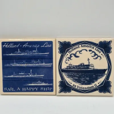 LOT 18L: Set of 8 Vintage Delft Blue Ceramic Souvenir Tile Coasters Issued by the Holland America Line