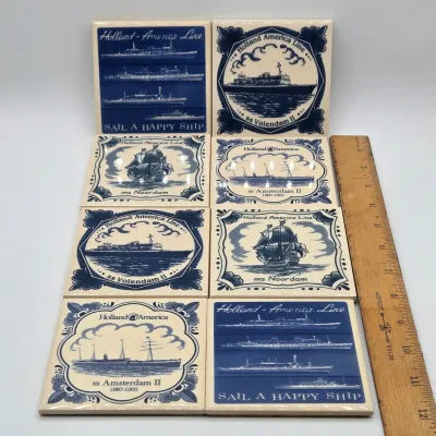 LOT 18L: Set of 8 Vintage Delft Blue Ceramic Souvenir Tile Coasters Issued by the Holland America Line