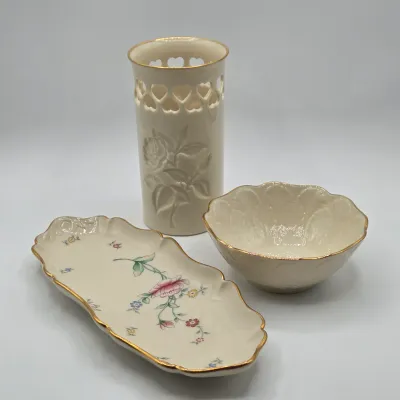 LOT 42L: Vintage Lenox Floral Garden Collection Oval Mini Tray, Greenfield Bon Bon Bowl, and Special Collection Rose Floral Pierced...