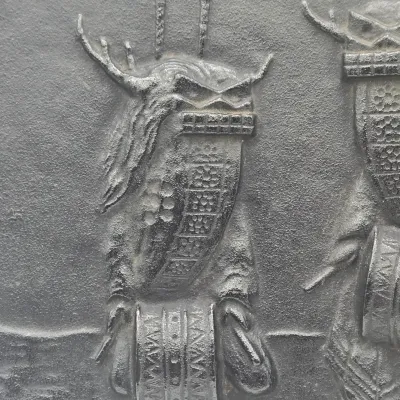 LOT 48L: Heavy Cast-iron Japanese Decorative Plate Featuring a Relief Carving of Traditional Deer Dancers Performing the Shishimai or...