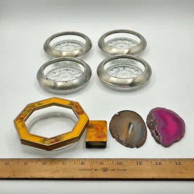 LOT 16L: Set of 4 Pewter Rimmed Glass Coasters, Vintage Matching Glass and Enamel Smoking Set Featuring an Octagonal Ashtray and a...