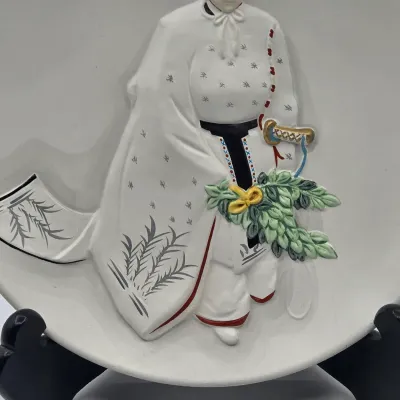 LOT 49L: Commemorative Ceramic Relief Decorative Plate Featuring a Jingu Bugaku Performer and Vintage Gourd-shaped Japanese Bell