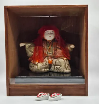 LOT 85L: Vintage Japanese Kimekomi Kabuki Doll Depicting a Renjishi (Lion Dancer) in Display Case and Miniature Pokkuri Sandals