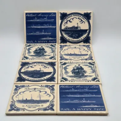LOT 18L: Set of 8 Vintage Delft Blue Ceramic Souvenir Tile Coasters Issued by the Holland America Line