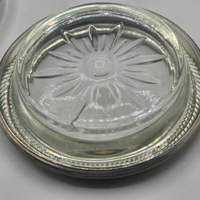 LOT 16L: Set of 4 Pewter Rimmed Glass Coasters, Vintage Matching Glass and Enamel Smoking Set Featuring an Octagonal Ashtray and a...