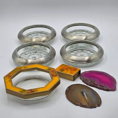 LOT 16L: Set of 4 Pewter Rimmed Glass Coasters, Vintage Matching Glass and Enamel Smoking Set Featuring an Octagonal Ashtray and a...
