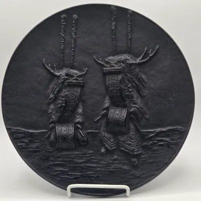 LOT 48L: Heavy Cast-iron Japanese Decorative Plate Featuring a Relief Carving of Traditional Deer Dancers Performing the Shishimai or...