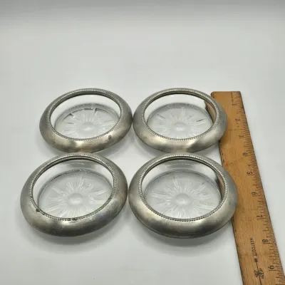 LOT 16L: Set of 4 Pewter Rimmed Glass Coasters, Vintage Matching Glass and Enamel Smoking Set Featuring an Octagonal Ashtray and a...