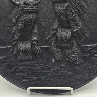 LOT 48L: Heavy Cast-iron Japanese Decorative Plate Featuring a Relief Carving of Traditional Deer Dancers Performing the Shishimai or...