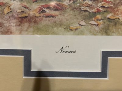 Sale Photo Thumbnail #360: DM SPENCER SIGNED AND NUMBERED (182/604) FRAMED ART PRINT TITLED "NOVICES" FEATURING HUNTING DOG PUPPIES AND DUCKS. INCLUDES BLACK LABRADOR FIGURINE AND SWAN/DUCK FIGURINE. FRAME HAS LIGHT CORNER WEAR. SEE PHOTOS FOR DETAILS AND MORE. DUCK IS A LINT ROLLE