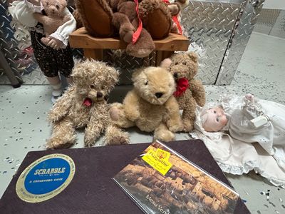 Sale Photo Thumbnail #829: COLLECTION OF VINTAGE ITEMS INCLUDING PORCELAIN DOLLS, PLUSH TEDDY BEARS FROM RUSS AND CHILD WORLD, VINTAGE SCRABBLE CROSSWORD GAME, MESA VERDE PUZZLETTER, AND MORE. ITEMS SHOW LIGHT WEAR CONSISTENT WITH AGE.