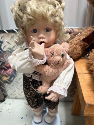 Sale Photo Thumbnail #834: COLLECTION OF VINTAGE ITEMS INCLUDING PORCELAIN DOLLS, PLUSH TEDDY BEARS FROM RUSS AND CHILD WORLD, VINTAGE SCRABBLE CROSSWORD GAME, MESA VERDE PUZZLETTER, AND MORE. ITEMS SHOW LIGHT WEAR CONSISTENT WITH AGE.