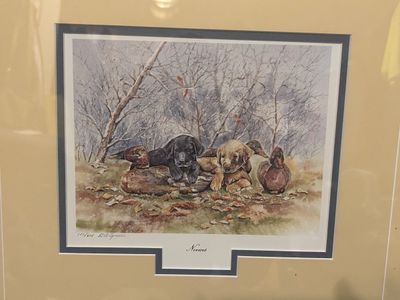 Sale Photo Thumbnail #363: DM SPENCER SIGNED AND NUMBERED (182/604) FRAMED ART PRINT TITLED "NOVICES" FEATURING HUNTING DOG PUPPIES AND DUCKS. INCLUDES BLACK LABRADOR FIGURINE AND SWAN/DUCK FIGURINE. FRAME HAS LIGHT CORNER WEAR. SEE PHOTOS FOR DETAILS AND MORE. DUCK IS A LINT ROLLE