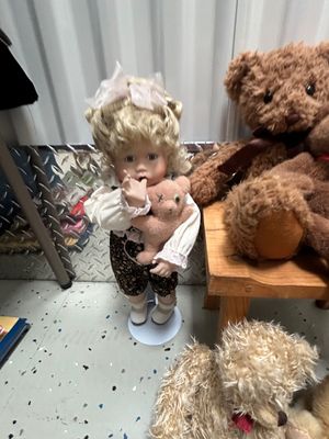 Sale Photo Thumbnail #828: COLLECTION OF VINTAGE ITEMS INCLUDING PORCELAIN DOLLS, PLUSH TEDDY BEARS FROM RUSS AND CHILD WORLD, VINTAGE SCRABBLE CROSSWORD GAME, MESA VERDE PUZZLETTER, AND MORE. ITEMS SHOW LIGHT WEAR CONSISTENT WITH AGE.