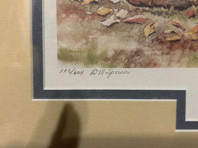 Sale Photo Thumbnail #362: DM SPENCER SIGNED AND NUMBERED (182/604) FRAMED ART PRINT TITLED "NOVICES" FEATURING HUNTING DOG PUPPIES AND DUCKS. INCLUDES BLACK LABRADOR FIGURINE AND SWAN/DUCK FIGURINE. FRAME HAS LIGHT CORNER WEAR. SEE PHOTOS FOR DETAILS AND MORE. DUCK IS A LINT ROLLE