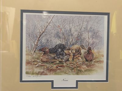 Sale Photo Thumbnail #361: DM SPENCER SIGNED AND NUMBERED (182/604) FRAMED ART PRINT TITLED "NOVICES" FEATURING HUNTING DOG PUPPIES AND DUCKS. INCLUDES BLACK LABRADOR FIGURINE AND SWAN/DUCK FIGURINE. FRAME HAS LIGHT CORNER WEAR. SEE PHOTOS FOR DETAILS AND MORE. DUCK IS A LINT ROLLE
