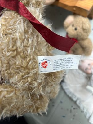Sale Photo Thumbnail #839: COLLECTION OF VINTAGE ITEMS INCLUDING PORCELAIN DOLLS, PLUSH TEDDY BEARS FROM RUSS AND CHILD WORLD, VINTAGE SCRABBLE CROSSWORD GAME, MESA VERDE PUZZLETTER, AND MORE. ITEMS SHOW LIGHT WEAR CONSISTENT WITH AGE.