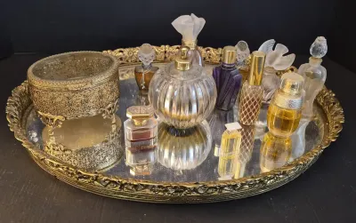 Vintage Mirrored Vanity Tray with Perfume Bottles & Trinket Box