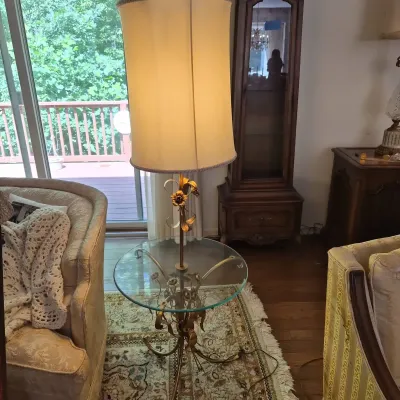 Antique Glass And Flower Brass Lamp