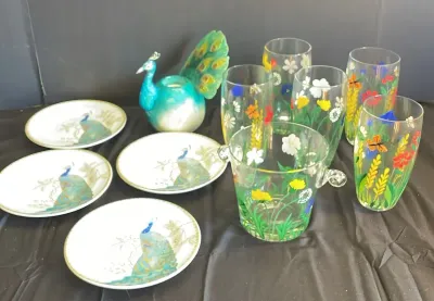Peacock Plates & Hand painted Glasses & Ice Bucket