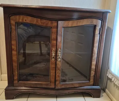 Small Dark Wood & Glass Display Cabinet with Brass Handles