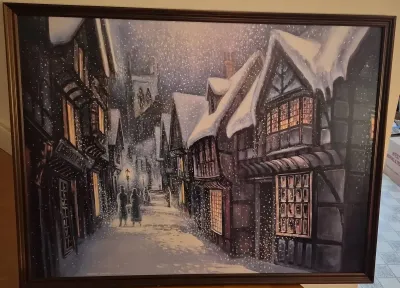 Framed Snowy European Village Street Scene
