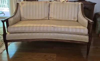 Vintage Cream & Yellow Settee with Walnut Wood Frame (2 Of 2)