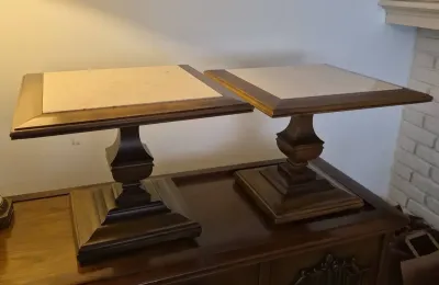 Pair of Square Pedestal Side Tables with Stone Tops