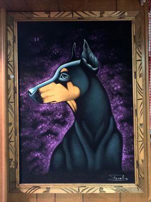 Sale Photo Thumbnail #51: Vtg. Doberman painting on velvet 
