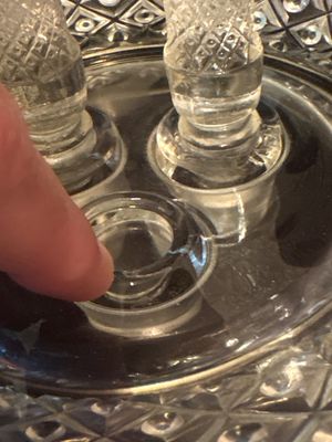 Sale Photo Thumbnail #395: Small chips in base as shown in pictures. Does not affect the vases being held in the bowl.