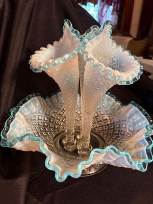 Sale Photo Thumbnail #391: Small chips in base as shown in pictures. Does not affect the vases being held in the bowl.