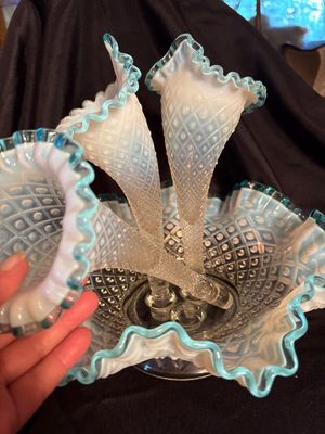 Sale Photo Thumbnail #393: Small chips in base as shown in pictures. Does not affect the vases being held in the bowl.