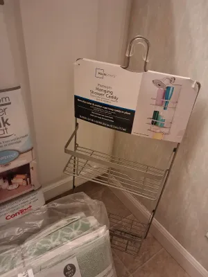 NEW 6 PC TOWEL SET, NEW BATH PILLOW, SHOWER CADDY, STEP TRASH CAN, UNDER THE SINK MAT