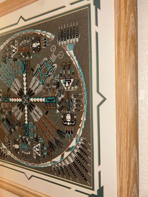 “WHIRLY LOG” NAVAJO SAND PAINTING AND WEAVED WICKER WALL HANGING