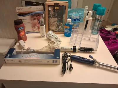 NEW HELEN OF TROY BRUSH IRON, NEW HOT/COLD TUMMY PILLOW, TOILETRIES, SEAL TIGHT CAST/BANDAGE PROTECTOR