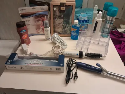 NEW HELEN OF TROY BRUSH IRON, NEW HOT/COLD TUMMY PILLOW, TOILETRIES, SEAL TIGHT CAST/BANDAGE PROTECTOR