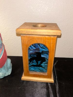 REALLY UNIQUE 3 DIMENSIONAL PAINTING BY TERESA AND DECORATIVE WOLF WITH END OF THE TRAIL STAINED GLASS CANDLE HOLDER