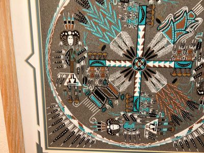 “WHIRLY LOG” NAVAJO SAND PAINTING AND WEAVED WICKER WALL HANGING