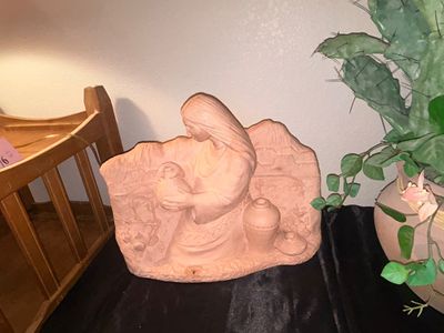 CLAY STATUE MADE IN MEXICO AND POTTED FAUX CACTUS