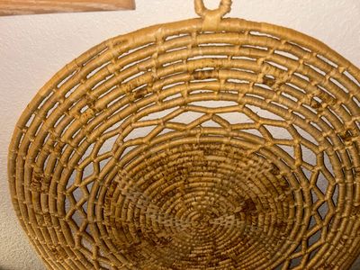 “WHIRLY LOG” NAVAJO SAND PAINTING AND WEAVED WICKER WALL HANGING
